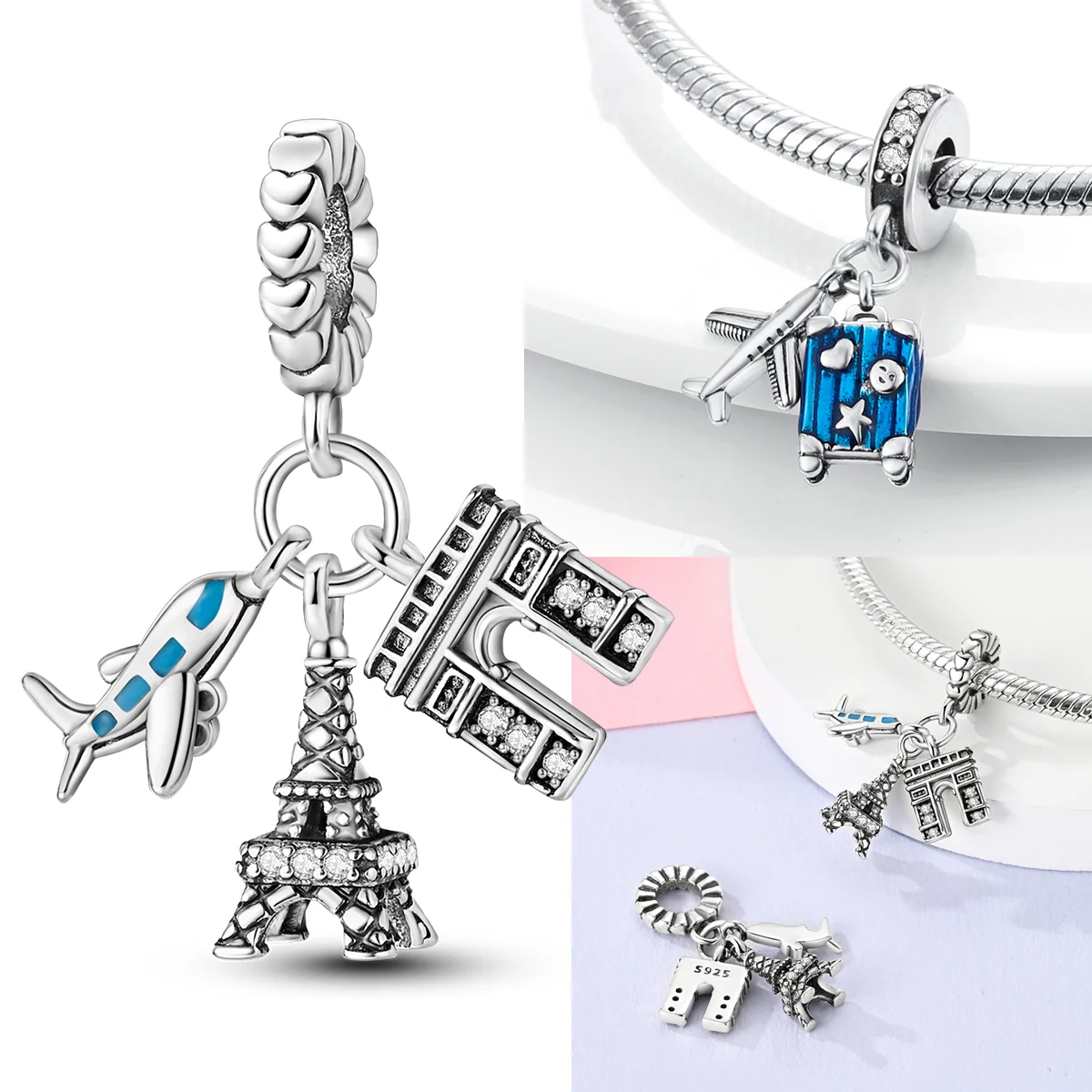 

925 Sterling Silver Triumphal Arch Aircraft Tower Charms Bead Airplane luggage Dangle Fit Original Bracelet DIY Women Jewelry