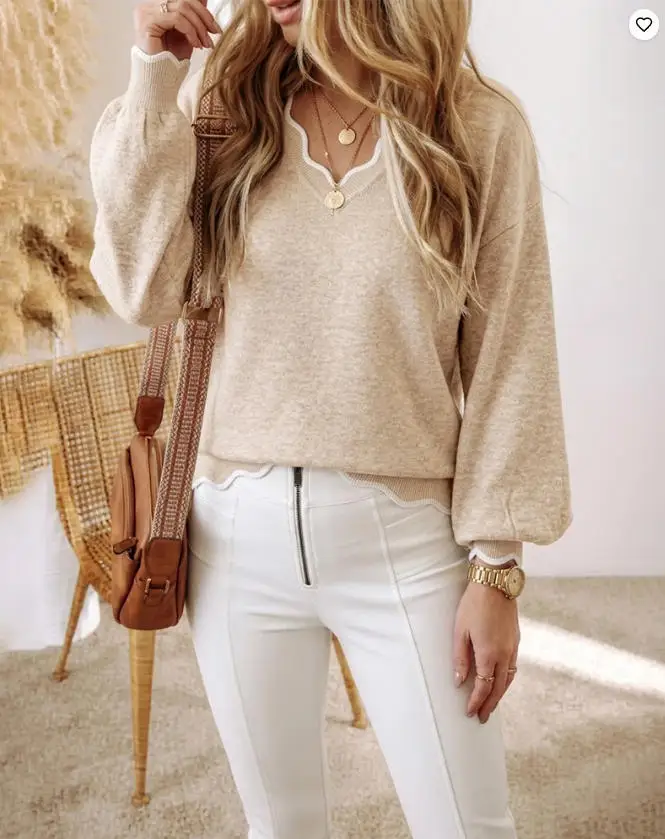 Women's Fashion Contrast Scallop Trim Knit Top 2026 Spring Autumn New V-Neck Lantern Sleeve Loose Fit Casual Pullover Sweater
