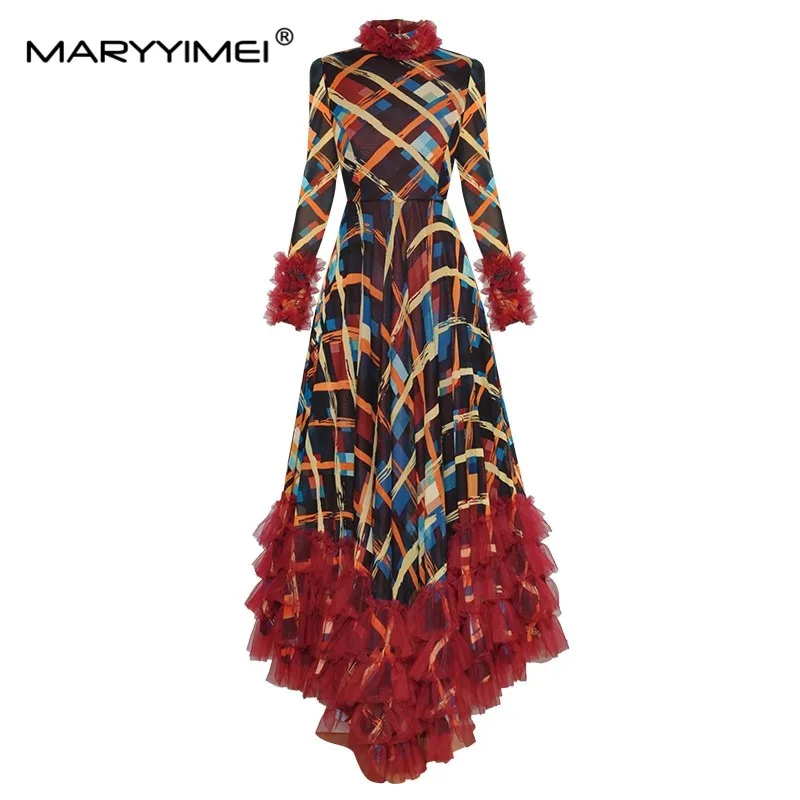 

MARYYIMEI Fashion Spring Women's dress Standing collar Long sleeved Plaid Print Puffles Elegant Party Asymmetrical Dresses