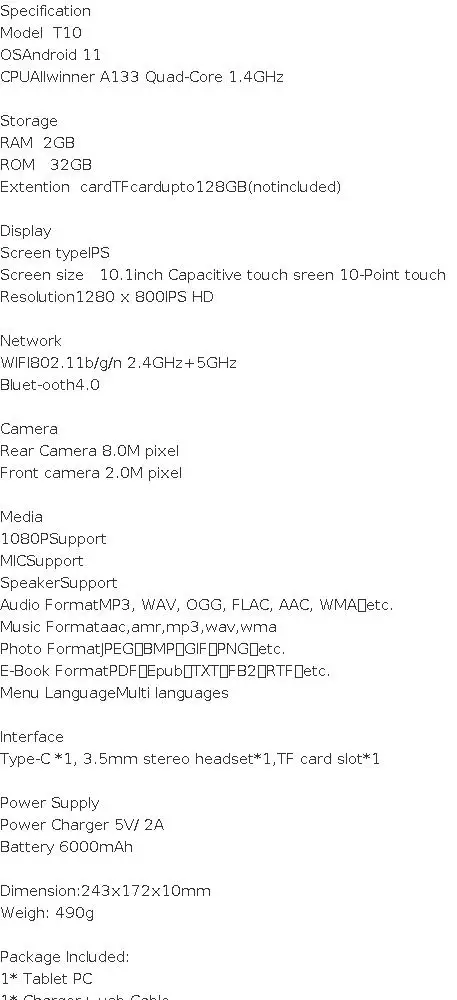 10.1 INCH T10 2GB RAM 32GB ROM CPU Tablet PC FX10 Android 11 Allwinner A133 Quad-Core 1.4GHz Resolution 1280 X 800 IPS HD