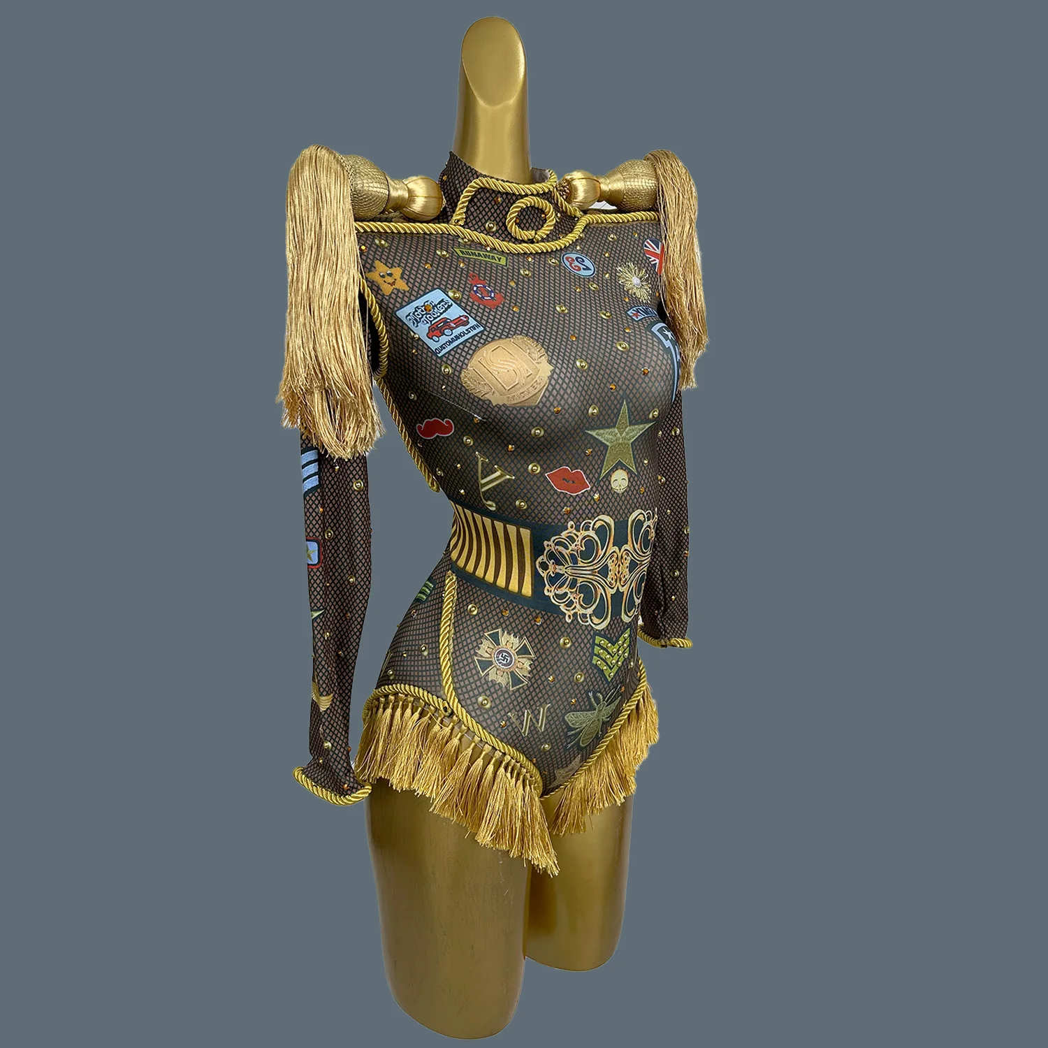 Women Nightclub Stage Performance Sexy Tassel Bodysuit Party Dance Wear Pattern Printing Spandex Elastic Bodycon Leotard Tuzhang