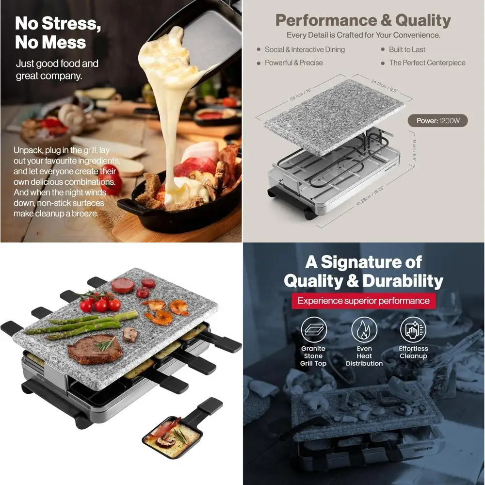 

8-Person Indoor/Outdoor Raclette Grill with Granite Stone Plate, Non-Stick, Crepe Capable, Silver