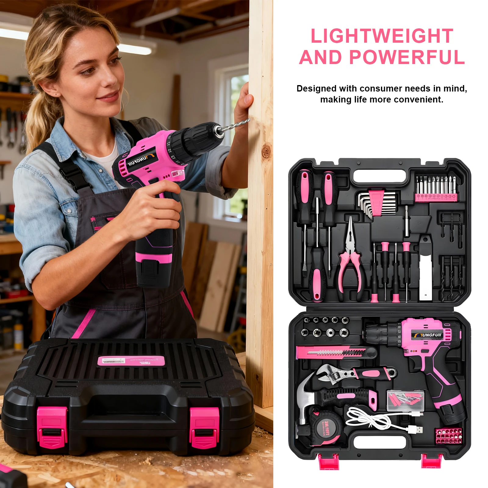 12V Cordless Drill Driver Kit Power Drill Driver Portable Home Decor Kit Screwdriver Drill Set Pink for Women DIY Enthusiasts