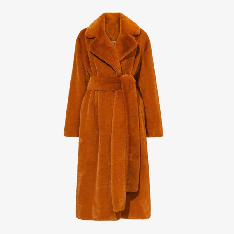 Cappotto lungo in pelliccia sintetica con risvolto Giacca invernale soffice da donna Cintura sottile Cappotto in pelliccia di peluche artificiale Maniche lunghe Cappotto peloso Streetwear