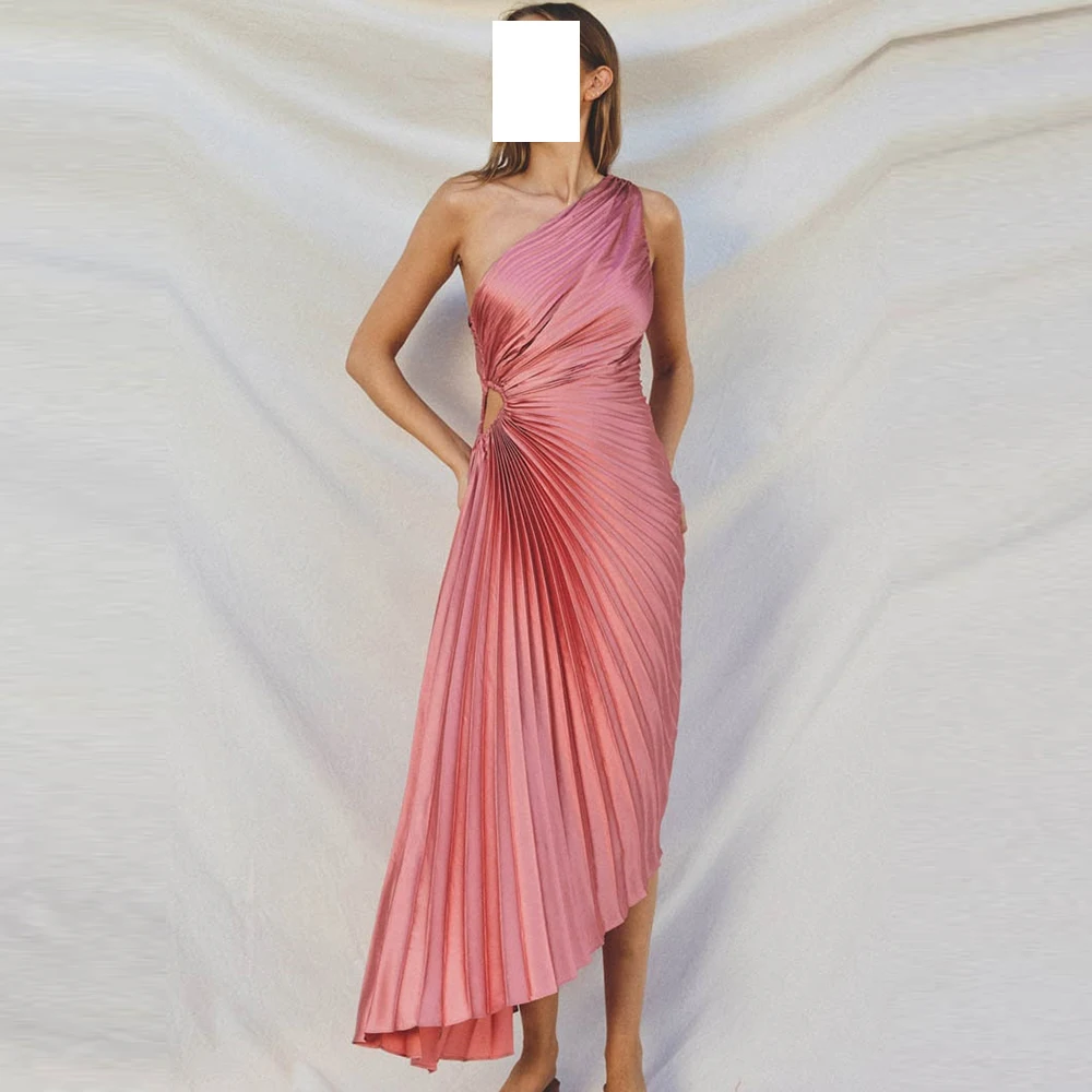 

Sexy One Shoulder Tea Length Backless Sleeveless Pleats Pink Empire Celebrity Gowns Evening Dresses Robe de soirée Saudi Arabia