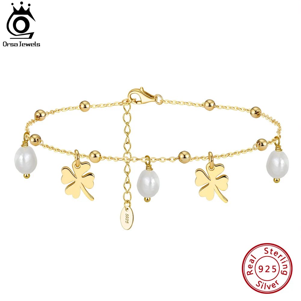 

ORSA JEWELS 14K Gold Natural Freshwater Pearl Anklets with Four-Leaf Clover Chain for Women Fashion Summer Ankle Foot Chain SA54