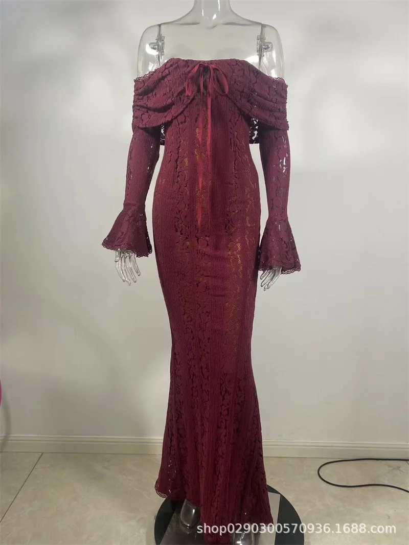 Abito da ballo da donna in pizzo bianco con fodera con spalle scoperte maniche lunghe abito da festa abiti lunghi tubino abito da sera formale per ospiti a sirena