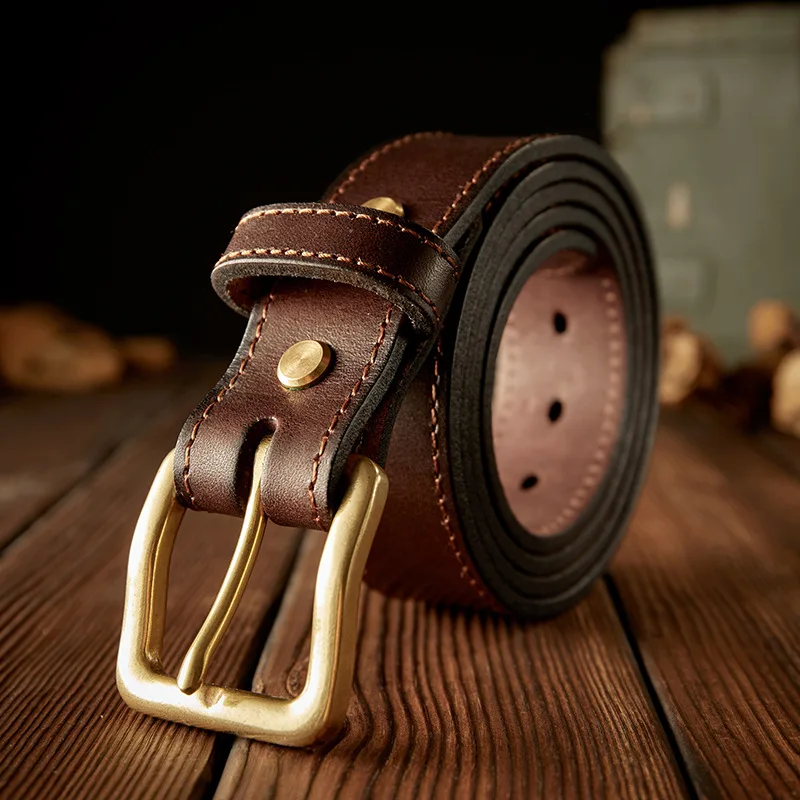 3.8cm/1.5'' Men's Genuine Leather Belt Handmade First Layer Leather Brass Buckle Belt Suture Lines design Casual Jeans Belts