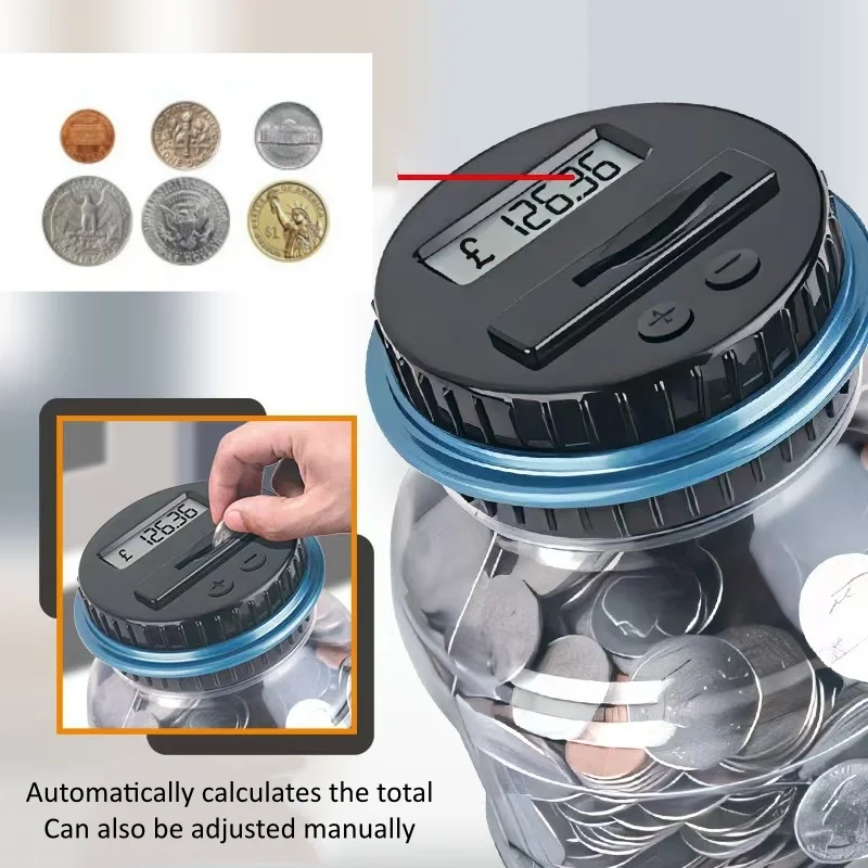1.8L Smart Counting Piggy Bank Coin 1.8L Pound, Euro, Yen, Ruble and Dollar Transparent Saving Jar Coins Storage Box