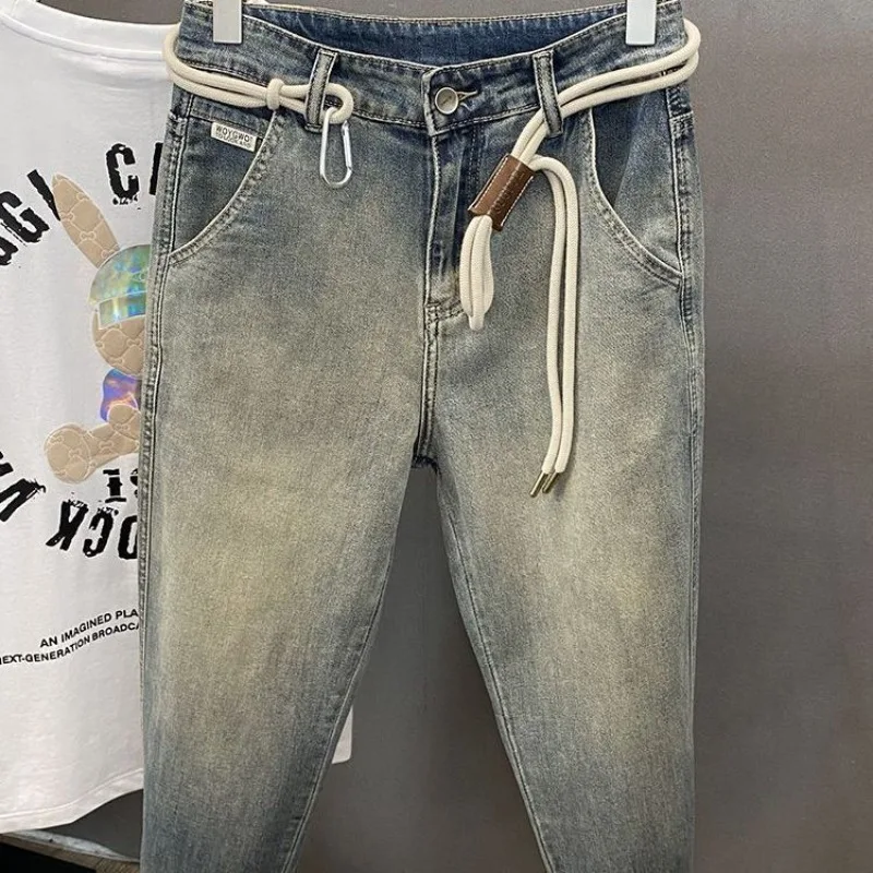 High-end 2025 Drawstring Retro Gradual Change Mud Yellow Jeans Men's Brand Old Oblique Pocket Man Clothes Small Feet Pants