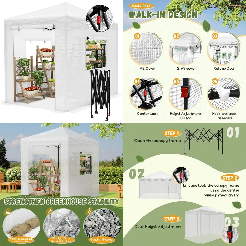 

Portable Walk-in Greenhouse with Zippered Entrance and Two Roll-up Windows, Easy Setup and PE Cover