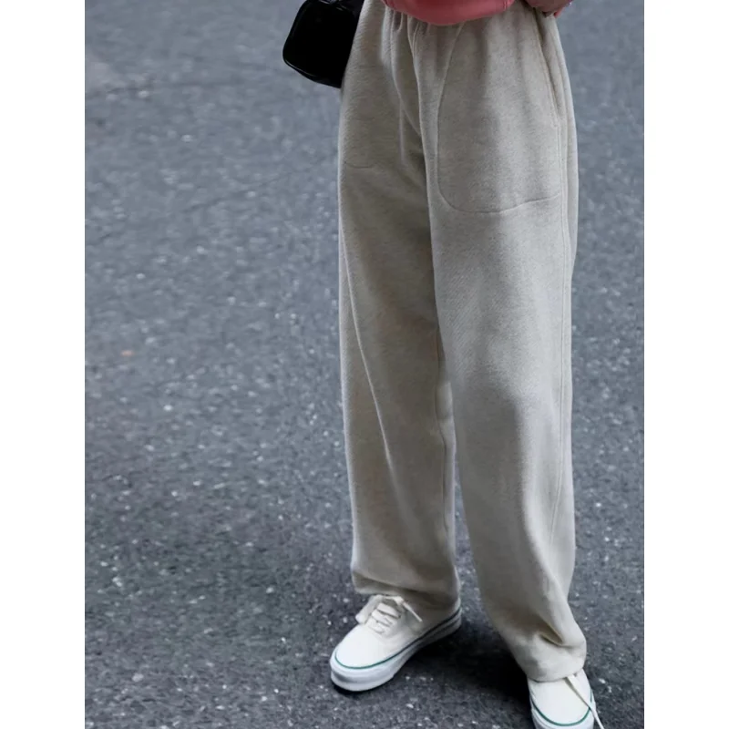 

Summer New Grey High Waist Drawstring Sweatpants Fashion Straight Pocket Bind Feet Pants Street Baggy Wide Leg Trouser Ladies