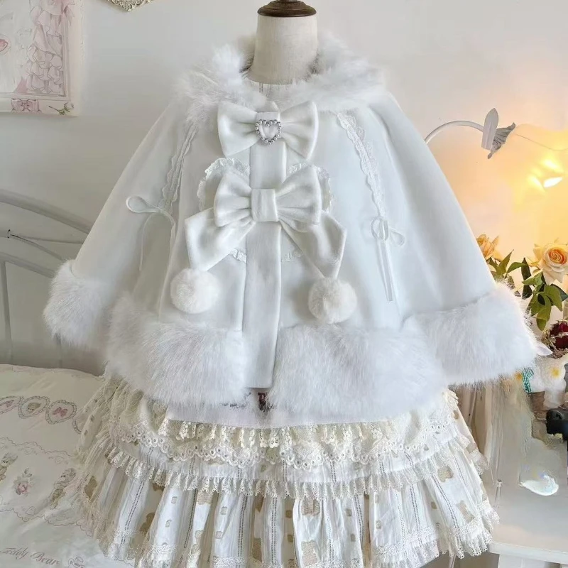 

Winter Lolita Sweet Warm Bow Plush Cloak Coat Japanese Kawaii Patchwork Slim Overcoat New Design Fashion Cute Shawl Outfits 2025