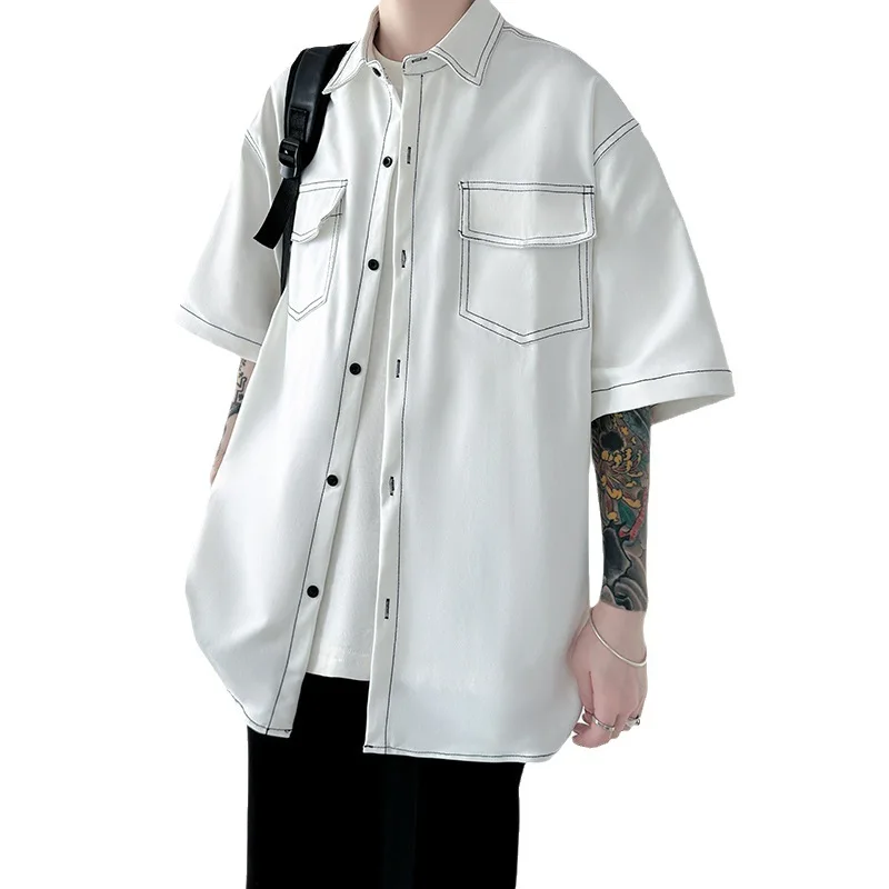 Spring and Summer Men's Thin Shirt Japanese Fashion Brand Plankton Shuai Cargo Short Sleeve New Ice Silk Half-sleeve Shirt Coat