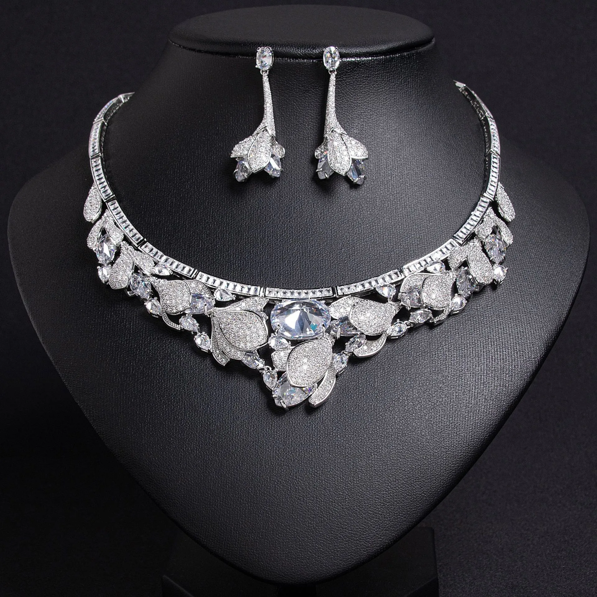 HIBRIDE New 2 Pieces Elegant Ladies Zircon Jewellery Polished Pistil Necklace Earrings Party Wedding Prom Evening Party S-633