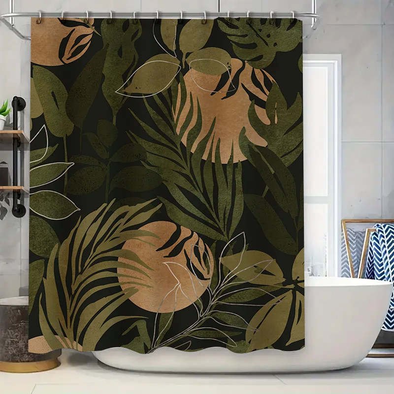

Luxurious Greenery Shower Curtain 180x274cm Waterproof Fabric for Bathroom Decorations Modern Palm Leaves Print in Dark Colors