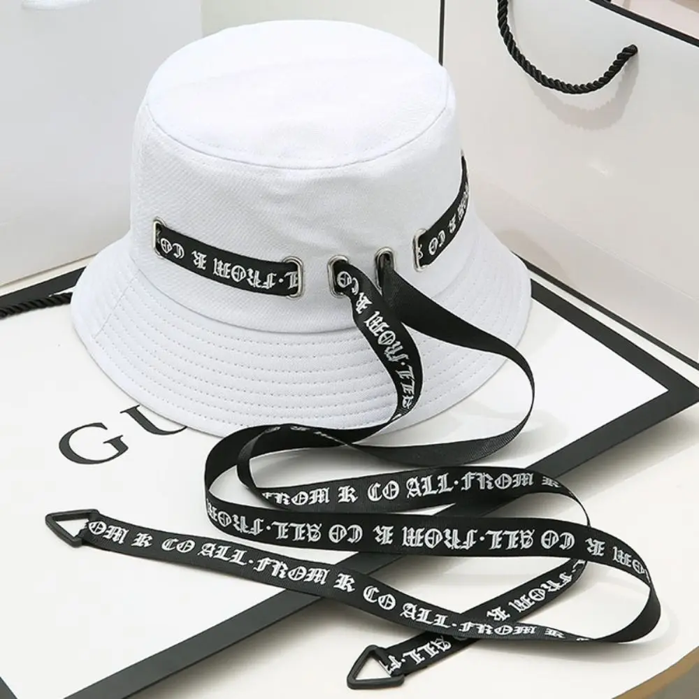 INS Fashion Woman Summer Fisherman Harajuku Letter Long Ribbon Sunshade Hat Versatile Couples Trendy Basin Black Caps