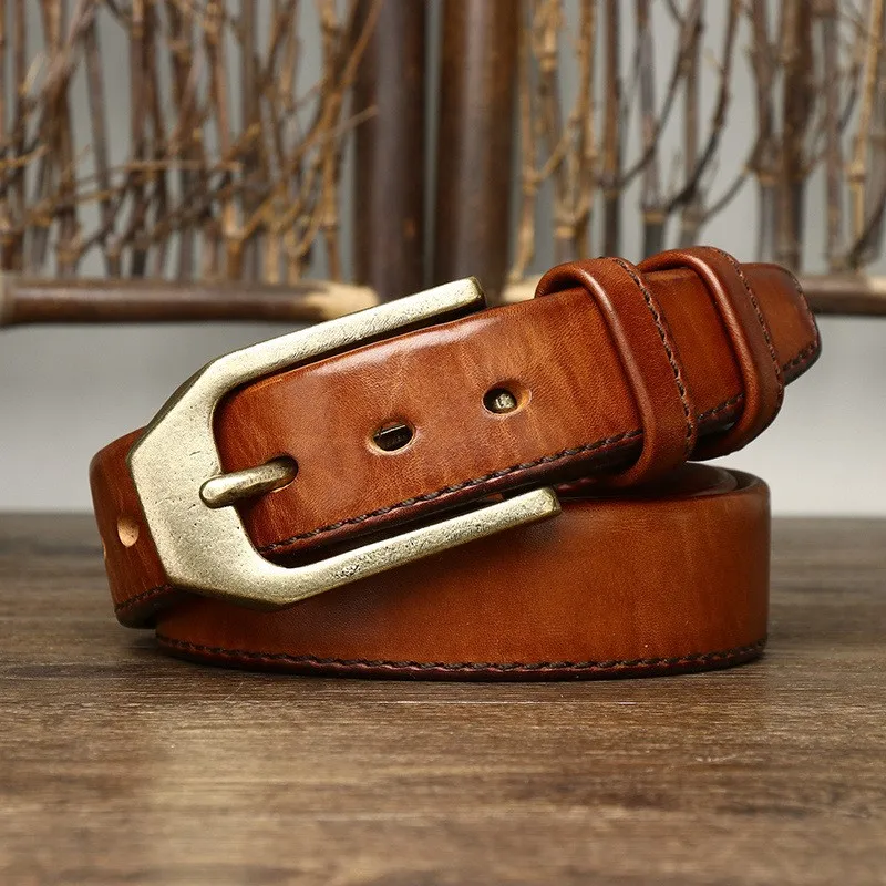 38CM wide thickened double-sided top layer leather belt for men simple and versatile casual with pin