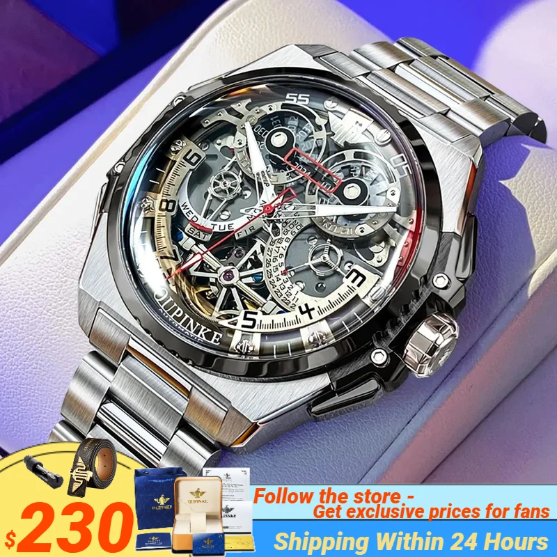 OUPINKE Multifunction Mechanical Wrist watch for Men Tungsten steel Strap Luxury Date Chronograph Men Watches Flywheel Design