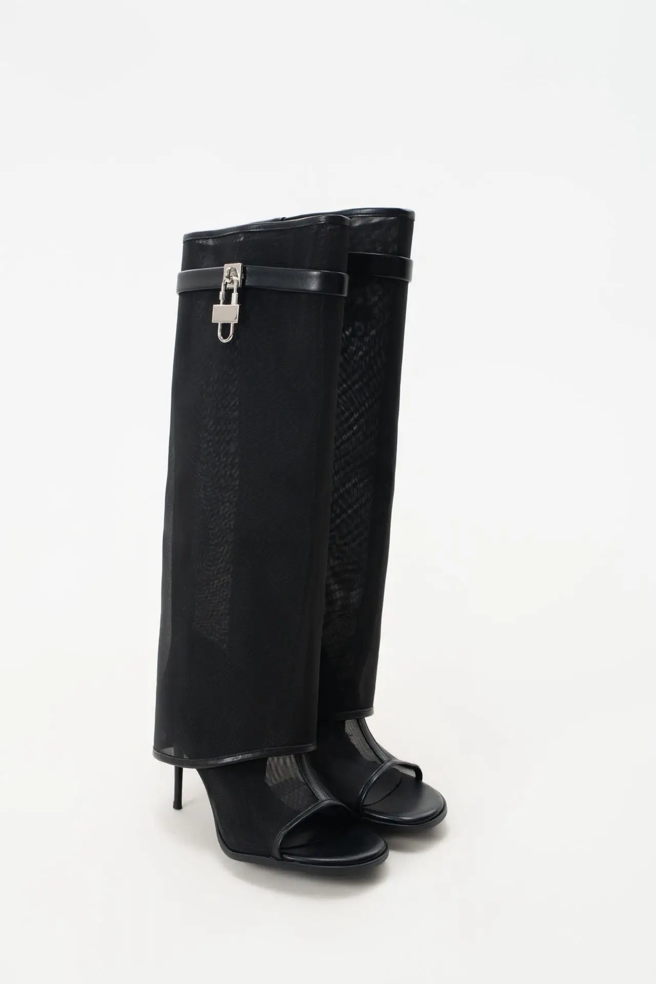 

2026 New Women's Mesh Over The Knee Boots Peep Toe Thin High Heels Black Long Boots With Metal Buckle Lock Decor Party Shoes