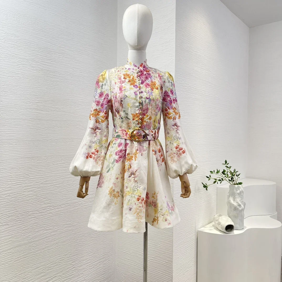 2025年新作ファッション、マルチカラーランタン袖花柄プリントミニドレス