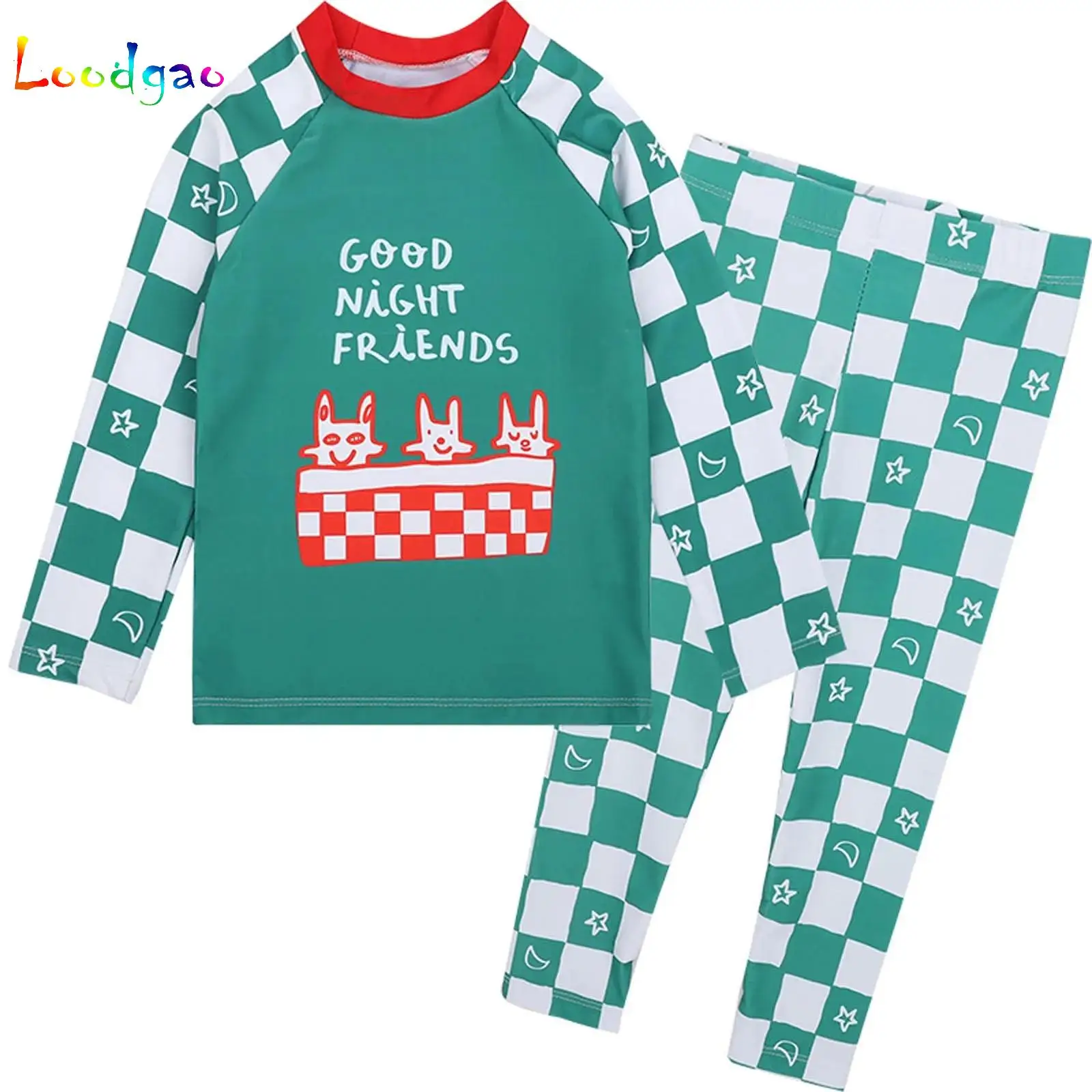Boys Girls Two-piece Swimsuit Kids Cute Cartoon Plaid Sun-protective Quick-Dry Long Sleeve Surfing Bathing Suit Beach Swimwear