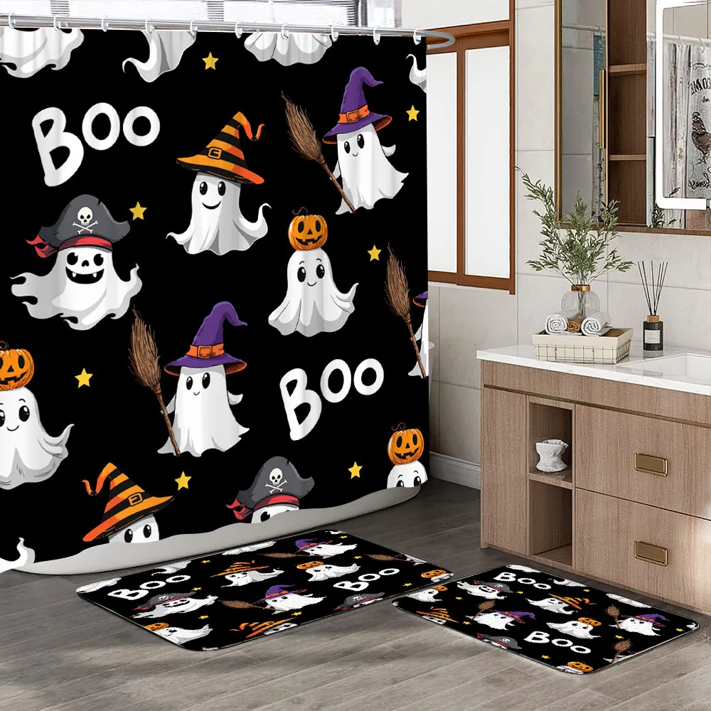 Halloween Shower Curtain and Rug Set Pumpkin Black Bat Elf Hat Cute Ghost Candy Shower Curtains and Two Mats Set Bathroom Decor