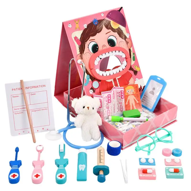 Wooden Dentist Play Set Kids Wooden Simulation Dentist Toy Realistic Design Indoor Medical Dentist Medicine Box Cloth Bags Gifts