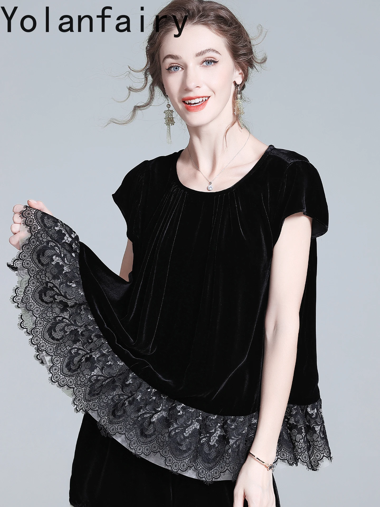 YOLANFAIRY Genuine Mulberry Silk Velvet T Shirts for Woman Early Autumn Elegant Splicing Lace Tshirt High-end Women's Tops Tees
