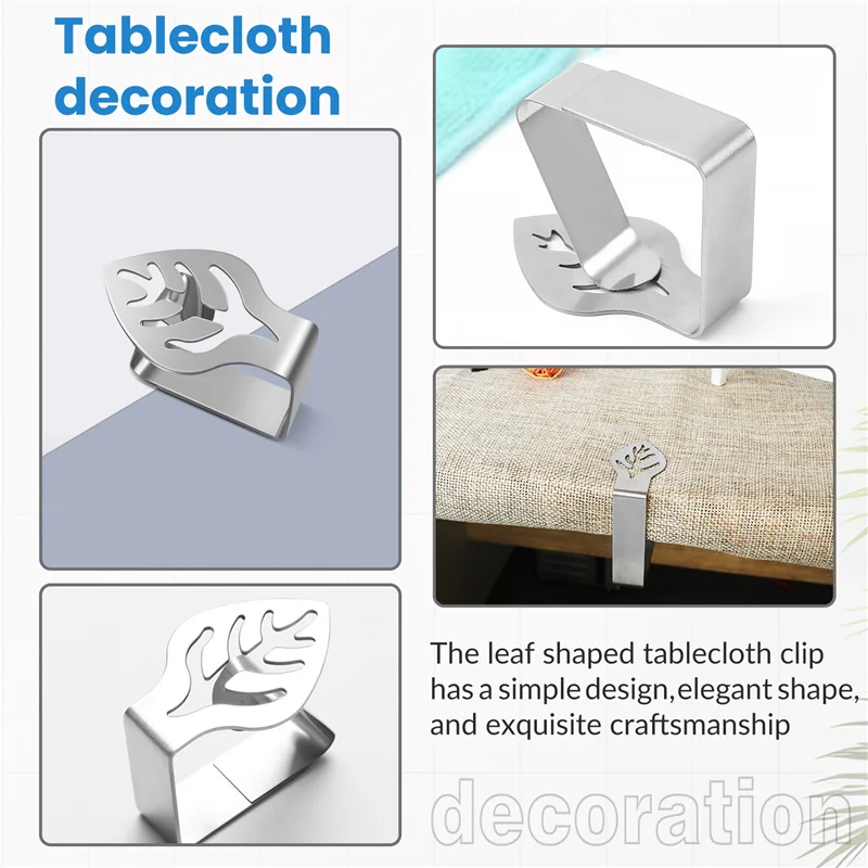 JY-8 Pcs Silver Stainless Steel Tablecloth Clip Creative Leaf-Shaped Table Fixing Clip Thickened Non-Slip Tablecloth Rack