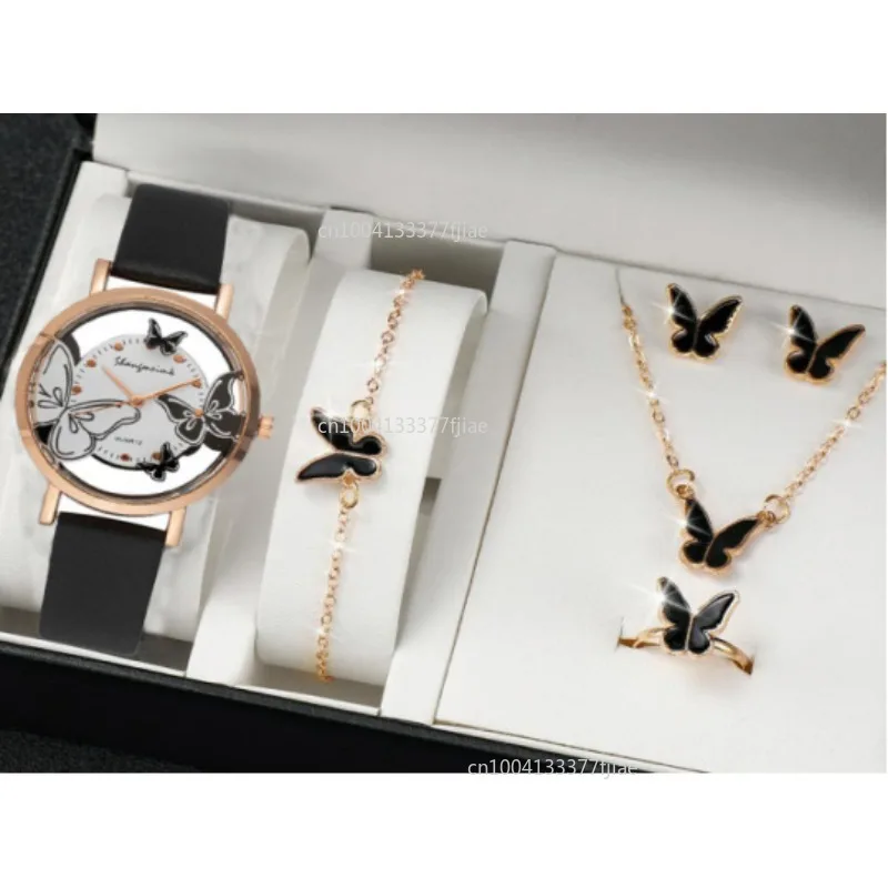 6PCS/Set Green Luxury Quartz Watch Women Ring Necklace Earring Rhinestone Fashion Wristwatch Casual Ladies Bracelet Watches