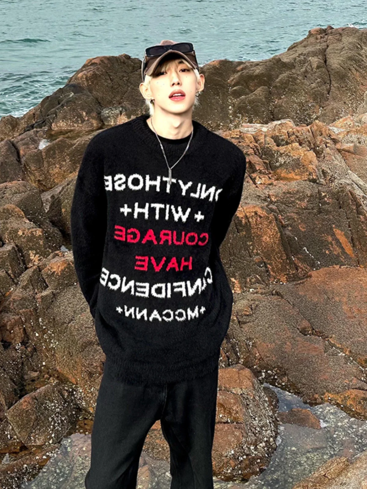 

Bla Letter Embroidered round Ne Knitwear for Men Autumn Winter Sle American Trendy Brand High Sense Cool And Haome T...