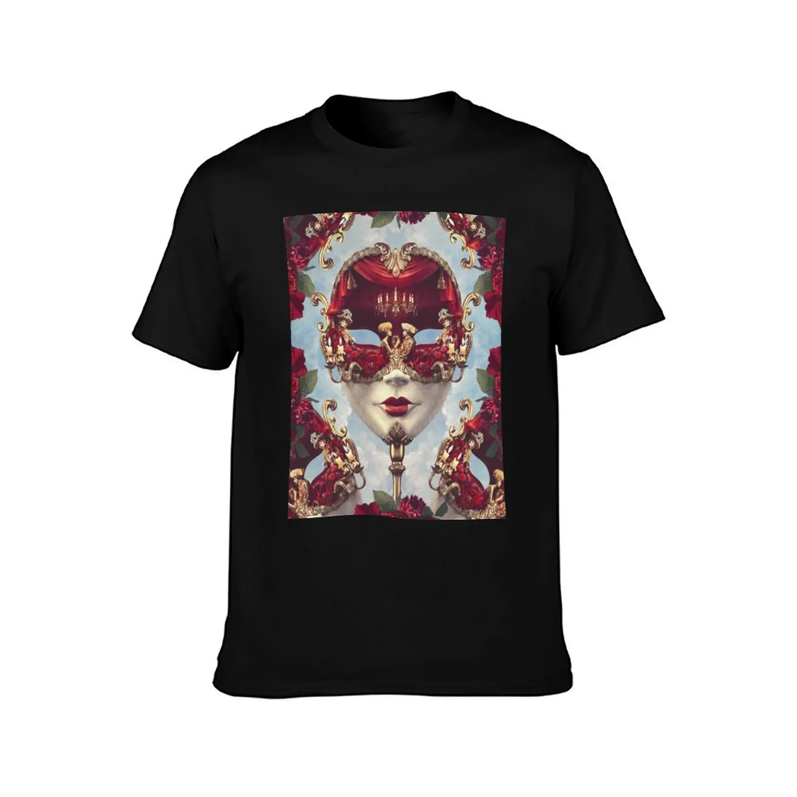 Floral Decadence - Red & Gold Venetian Mask T-Shirt Running Gym Short Sleeve Sports Tee T-Shirt