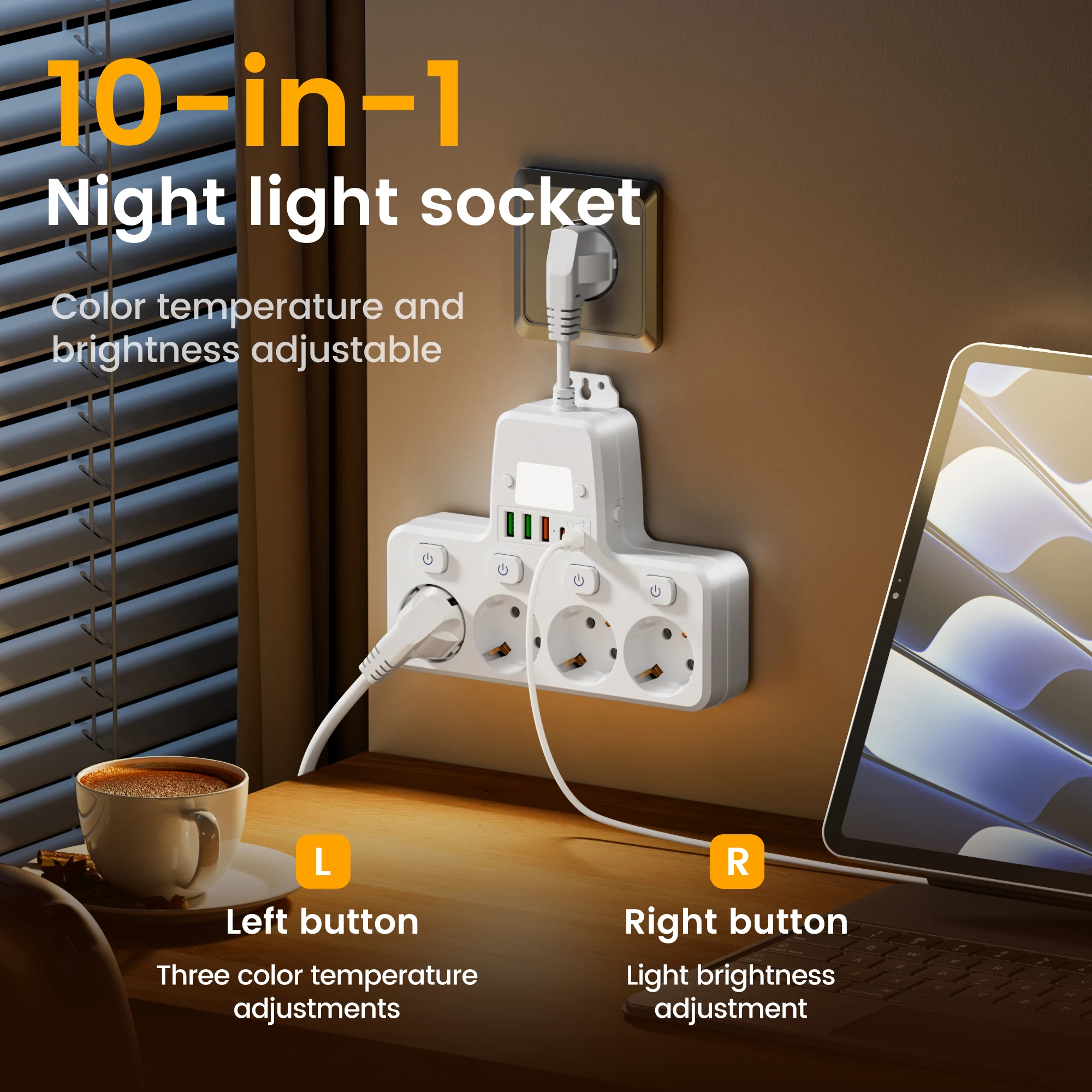 Toma de corriente con interruptor independiente 10 en 1, enchufe estándar de la UE, toma de pared 3 USB 2 tipo C, control independiente de luces nocturnas