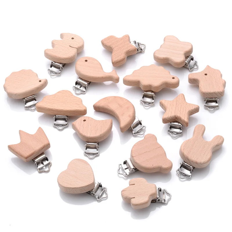 5Pcs Wooden Pacifier Clip Beech Wooden Animal Natural Dummy Clip DIY Baby Pacifier Chain Teether Toys Accessories BPA Free