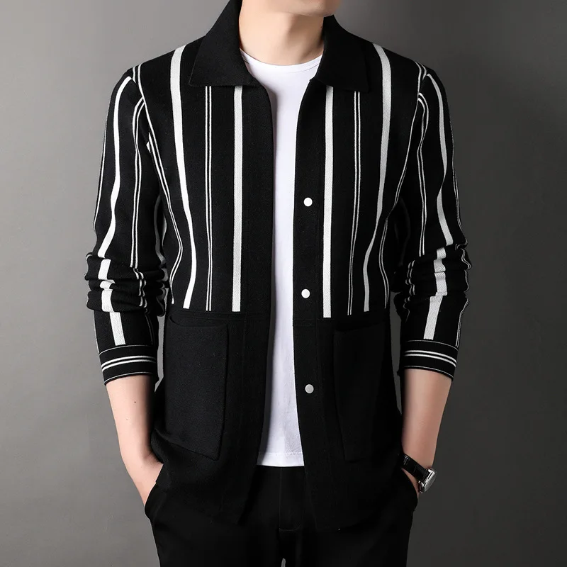 

Middle-Aged Men's Cardigan Knitted Long-Sleeve T-Shirt Spring and Autumn New Model Collar Stripe Father's Leisure Sweater Coat