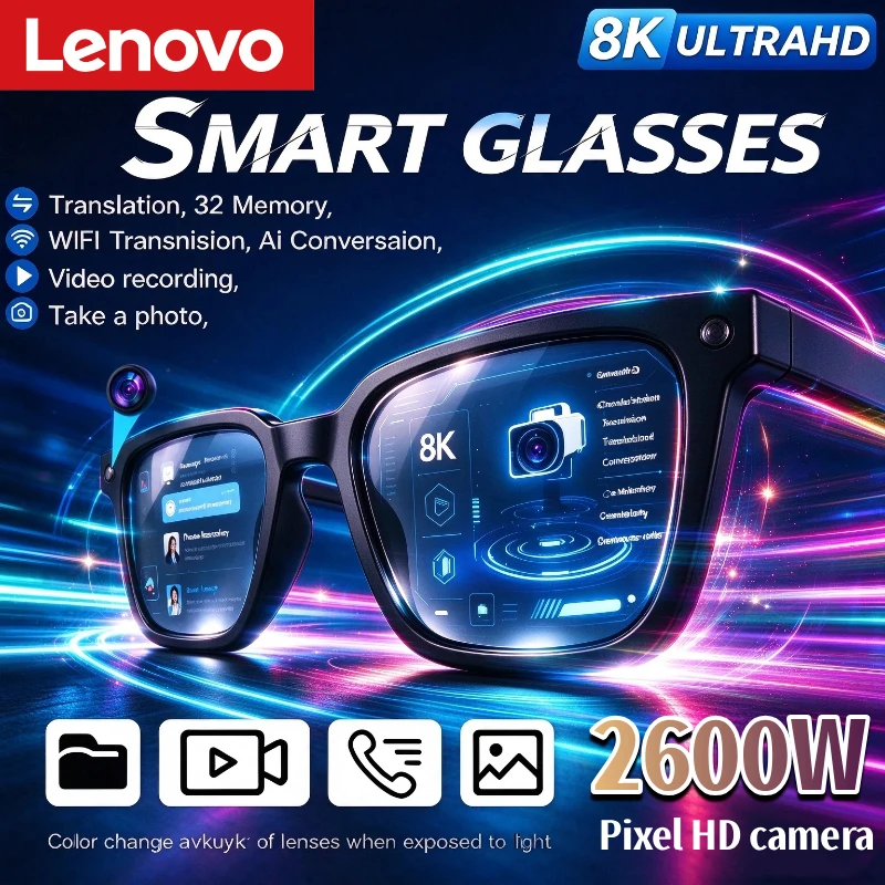 Lenovo AI Smart Glasses 2600MP Camera 8K HD Shooting Image Translation Bluetooth Call Recording Music Smart Sunglasses for Men