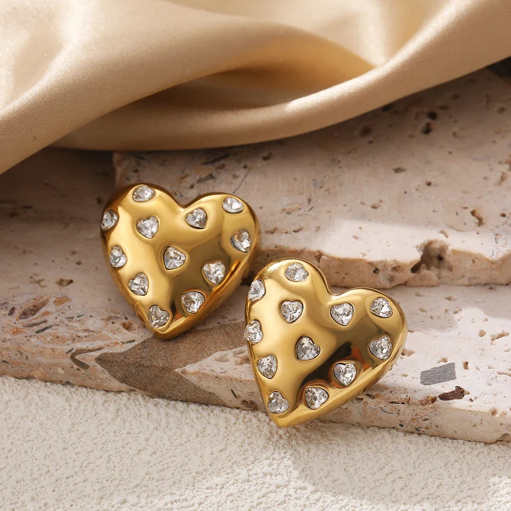 

Vintage Chunky Big Stainless Steel Heart Stud Earrings Unique 18k Pvd Plated Gold Zirconia Hypo-Allergenic Women Jewelry Gift