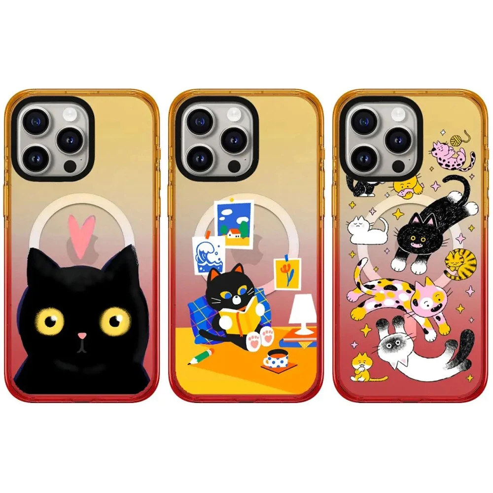 

Cute Black Cat Peach Gradient Border 2.5 Acrylic Magnetic Phone Case Cover for IPhone 13 14 15 16 Pro Max Case