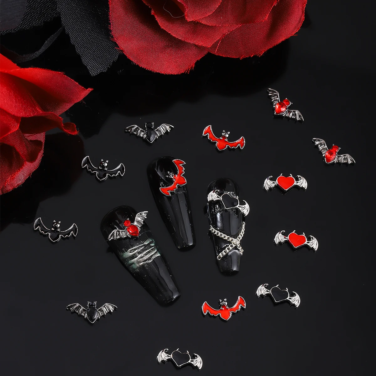 30szt Czarno-czerwone ciemne nietoperze retro mały diabeł miłość zdobienie paznokci dekoracja y2k metalowy styl Halloween DIY zdobienie paznokci dekoracje