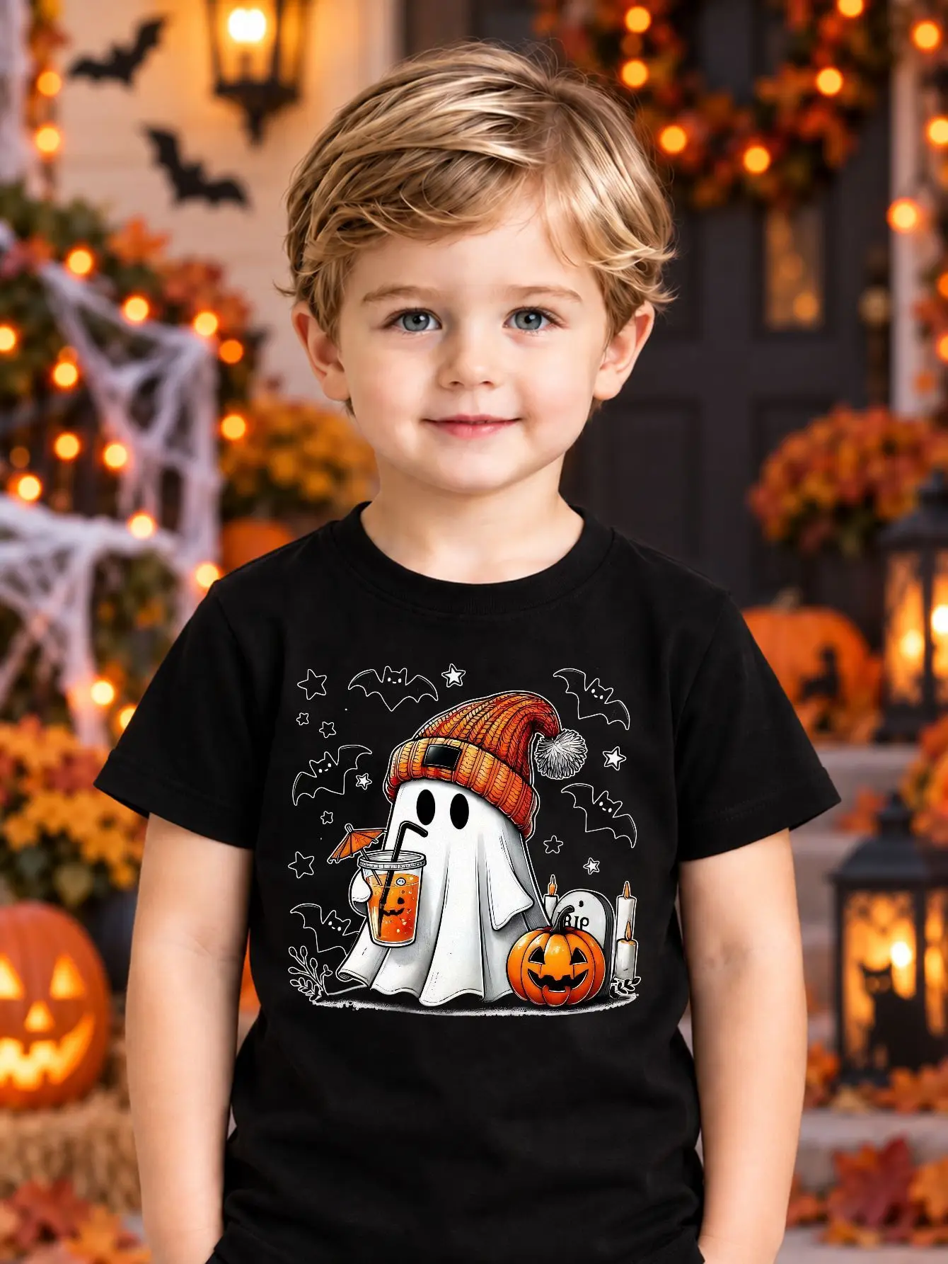 Halloween Costumes, Kids T-shirt Boys Summer Short Sleeve Tee Cute Ghost Wearing Orange Knit Beanie Hat Drinking Juice Pumpkin Graphic Print Breathable Soft Cotton Casual Pullover Top For Toddler Kids Halloween Party Holiday Gift