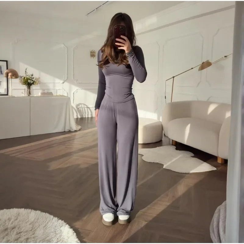Autumn and Winter Fashion Can Wear New Women's Clothing Round Neck Solid Color Wide-leg Pants Temperament Commuter Fashion Suit