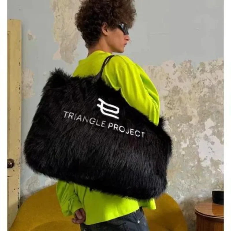 Korean Fashion Letter Embroidered Faux Fur High-capacity Tote Bag Spring Plush Fluffy Women Handbag Y2k Big Square Shoulder Bag