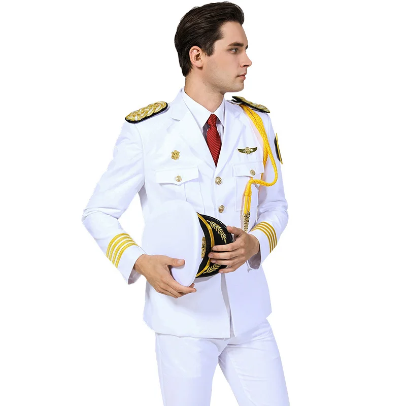 Security Guard Uniform White Men Property Concierge Jacket Pants Hat Ribbon Accessories Workwear Military Clothes US Navy Suit