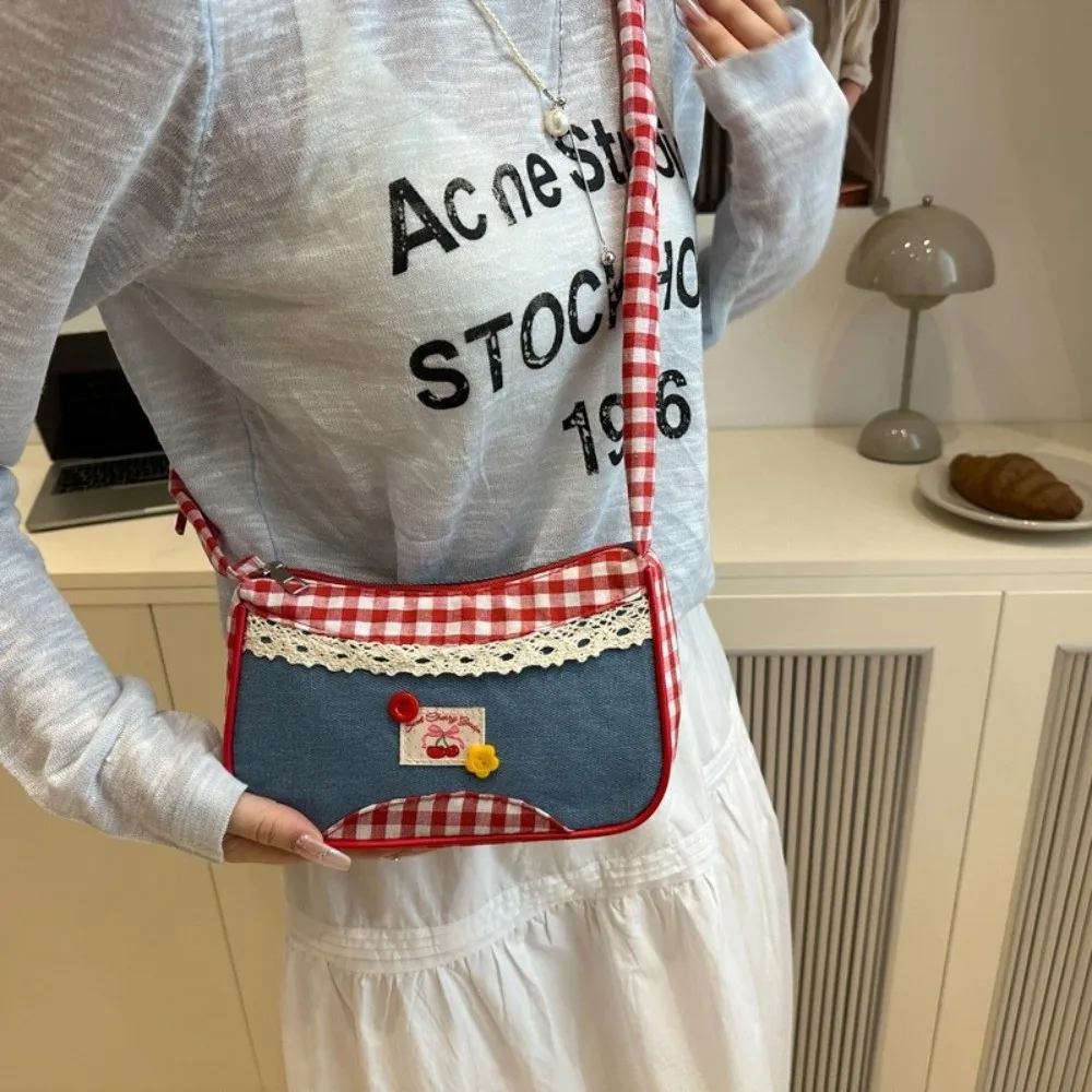 

Lovely Rural Style Lattice Shoulder Bag Leisure Bow Denim Underarm Bag Commuting Drawstring Crossbody Bag Gifts