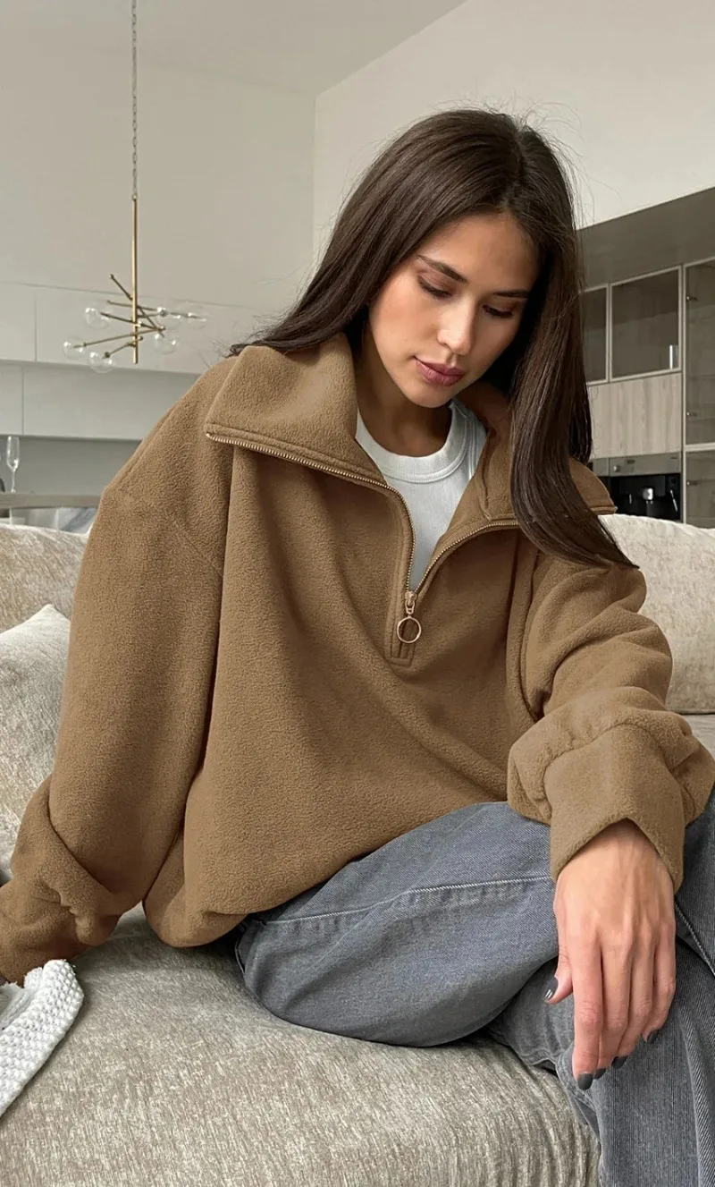 2025 autumn/winter lazy style knitted lamb cashmere beige loose casual hoodie cross-border versatile lapel sports women's top