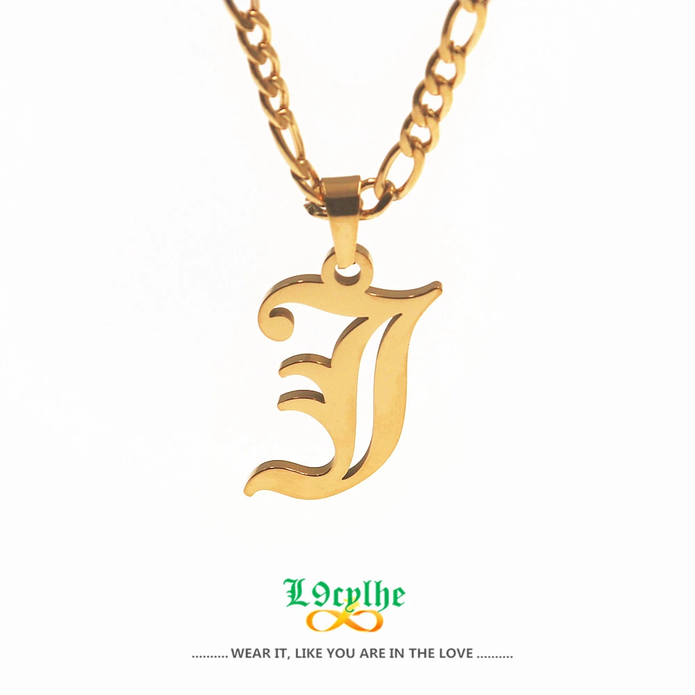 Initial A-Z Letters Pendant Necklaces Stainless Steel Alphabet Jewelry Old English C D E F H J K M Letter Necklace for Women Men