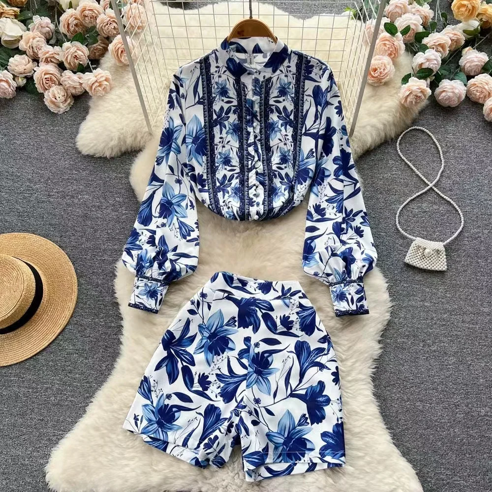 

Autumn Short Set Women Long Sleeve Floral Shirt A-Line Two Piece Outfits Matching Sets Summer Fall Stand Collar Single-breasted