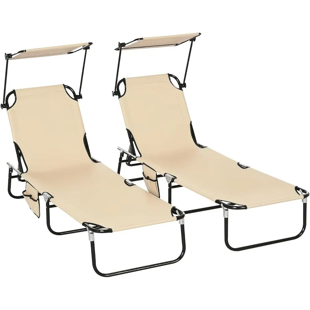 

Outdoor Chaise Lounge Set of 2 with Shade, Reclining Backs, Steel Frame for Patio, Beach, Yard, Tanning