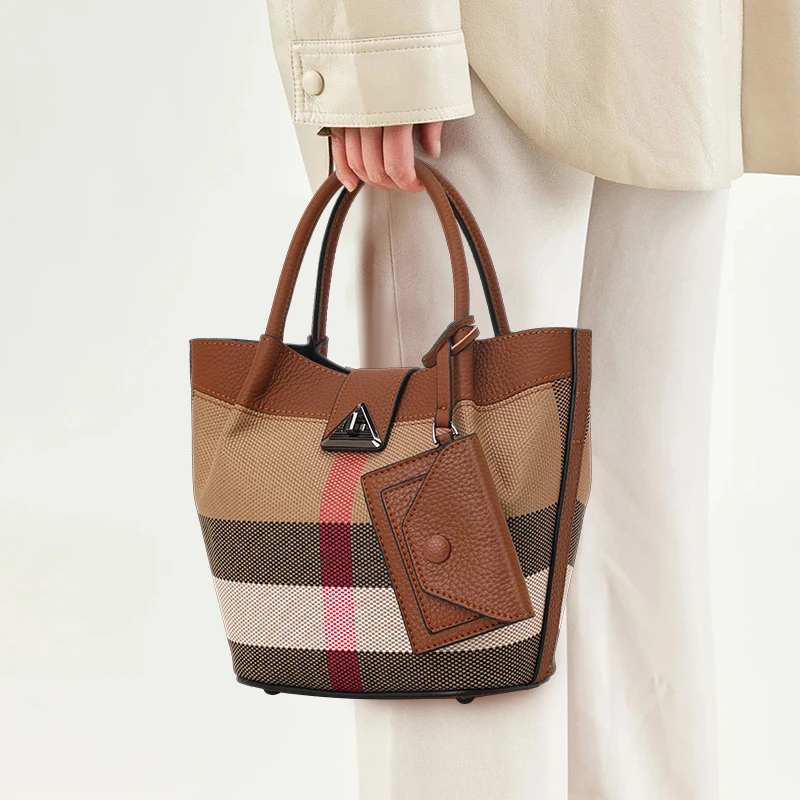 

Aidrani Plaid - Canvas & Leather Bucket Bag: Metallic Accent & Leather Pouch
